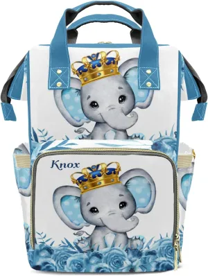 Blue Prince Floral Elephant Personalized Large Capacity Diaper Bags,Custom Name Backpack Casual Daypack Bag Nappy Bag Gifts