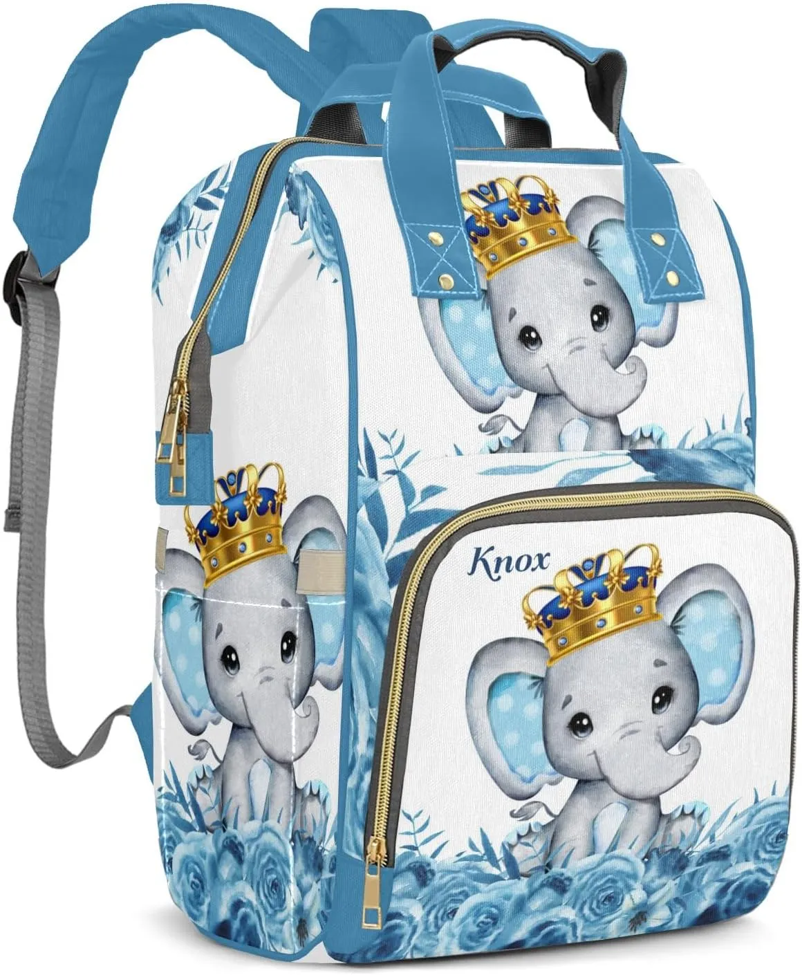 Blue Prince Floral Elephant Personalized Large Capacity Diaper Bags,Custom Name Backpack Casual Daypack Bag Nappy Bag Gifts