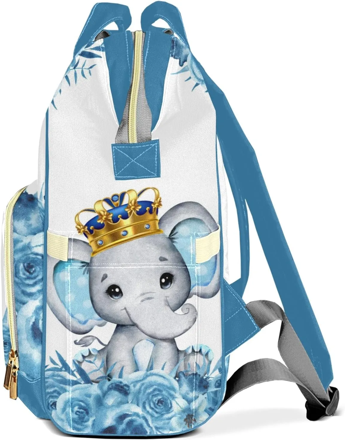 Blue Prince Floral Elephant Personalized Large Capacity Diaper Bags,Custom Name Backpack Casual Daypack Bag Nappy Bag Gifts