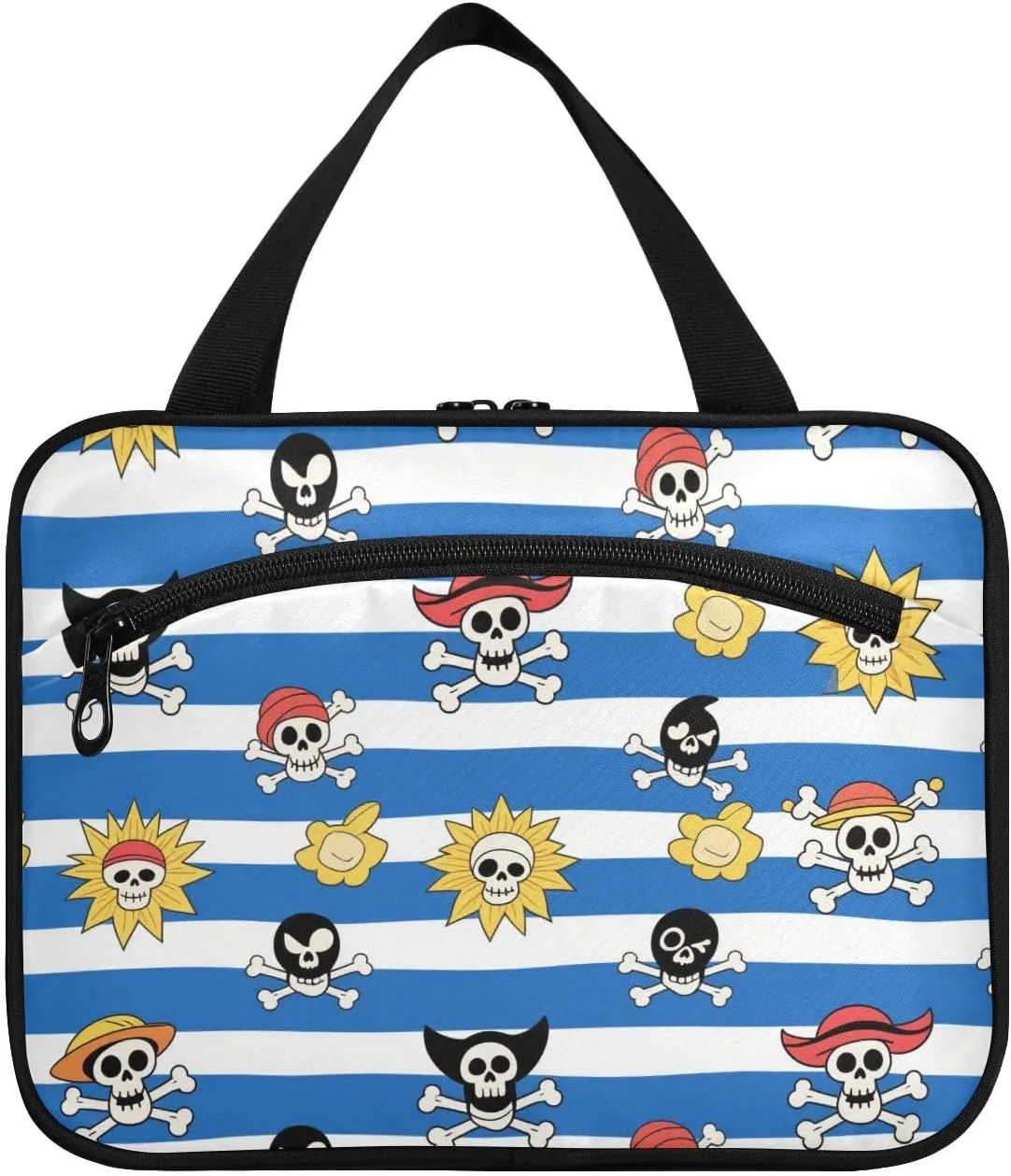 Blue White Striped Coastal Pirate Skeleton hanging travel bag with hanging with hook, designer portable waterproof toiletry bag for trip essentials hotel bolso de mano para hombre L