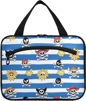 Blue White Striped Coastal Pirate Skeleton hanging travel bag with hanging with hook, designer portable waterproof toiletry bag for trip essentials hotel bolso de mano para hombre L