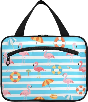 Blue White Striped Summer Flamingo hanging medicine bag for traveling with hook, designer accessories snack bag for travel must hotel bolso para maquillaje L