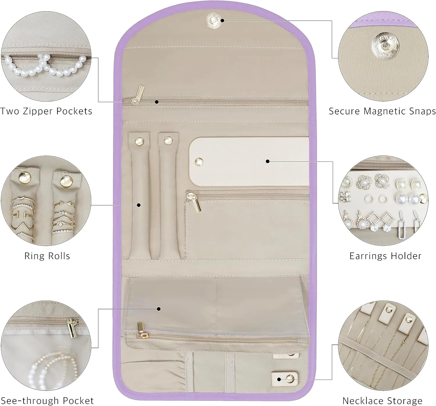 BLUTETE Jewelry Travel Foldable Bag | Organizer Roll Jewelry Case | Travel Jewelry Storage Case for Women | Rings Earrings Necklaces Bracelets Organizer (Lilac)