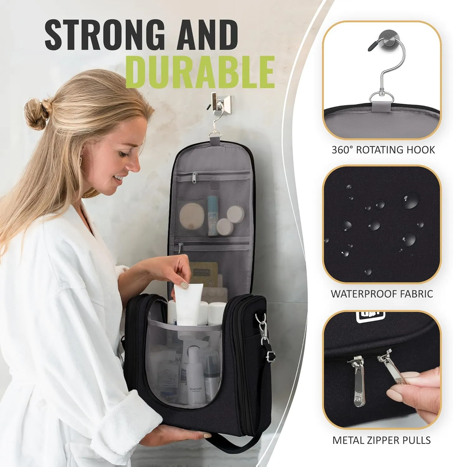 BOACAY Extra Large Hanging Travel Toiletry Bag for Women and Men, Makeup Bag, Bathroom & Shower Organizer Kit for Accessories, Cosmetics, Essentials