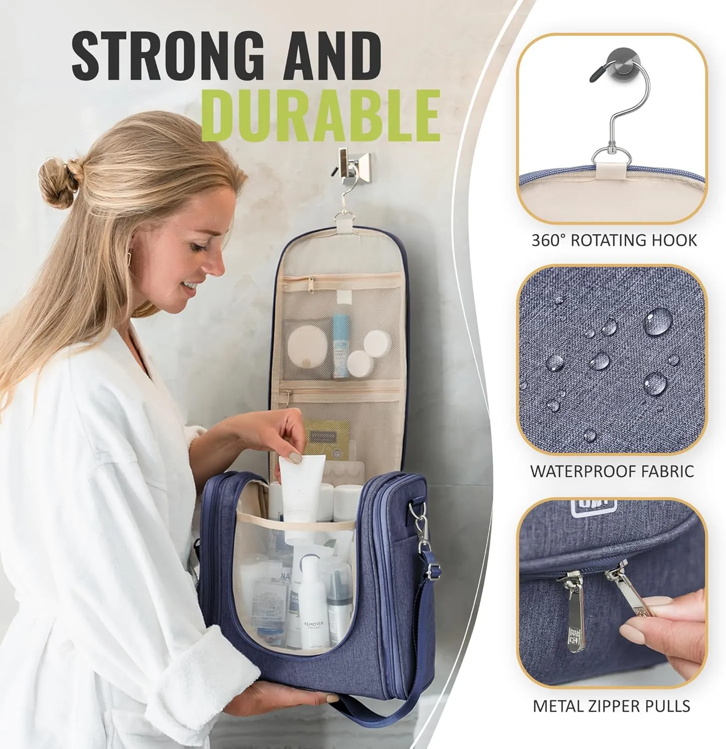 BOACAY Extra Large Hanging Travel Toiletry Bag for Women and Men, Makeup Bag, Bathroom & Shower Organizer Kit for Accessories, Cosmetics, Essentials