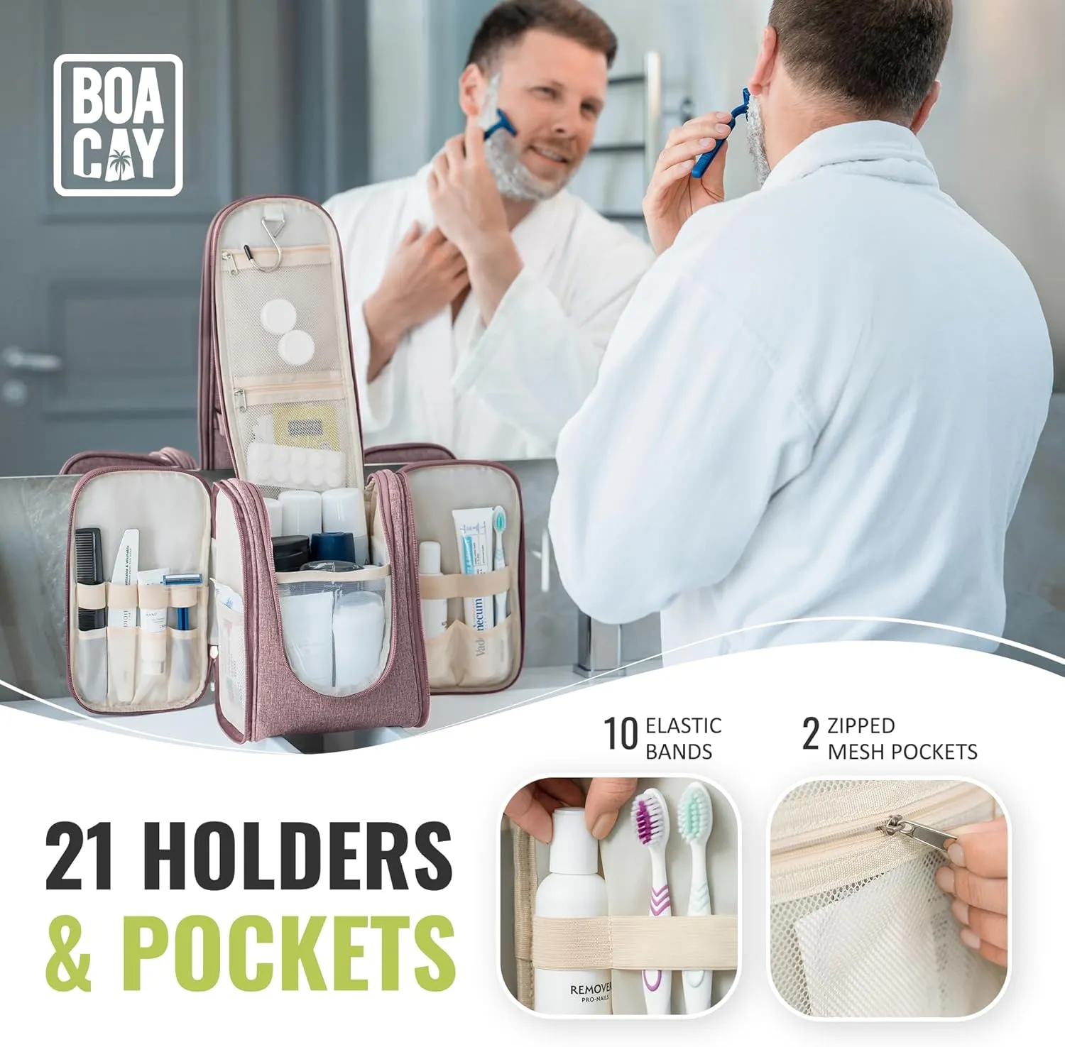 BOACAY Hanging Travel Toiletry Bag for Women and Men, Makeup Bag, Bathroom & Shower Organizer Kit for Accessories, Cosmetics, Travel Essentials