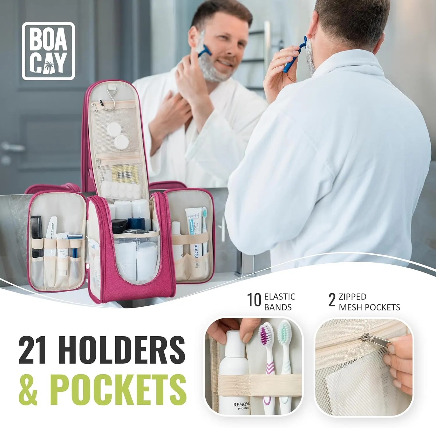 BOACAY Hanging Travel Toiletry Bag for Women and Men, Makeup Bag, Bathroom & Shower Organizer Kit for Accessories, Cosmetics, Travel Essentials