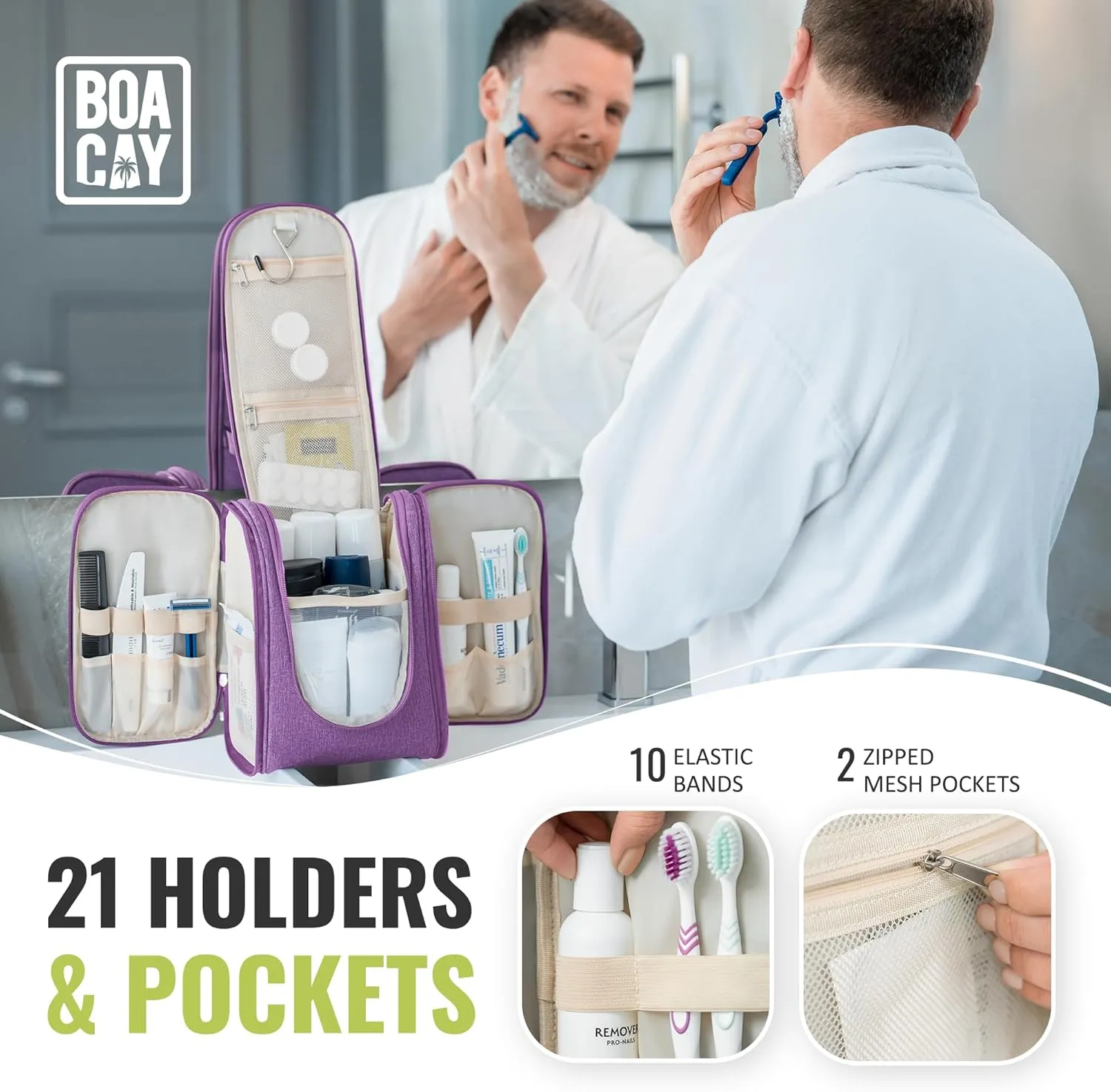 BOACAY Hanging Travel Toiletry Bag for Women and Men, Makeup Bag, Bathroom & Shower Organizer Kit for Accessories, Cosmetics, Travel Essentials