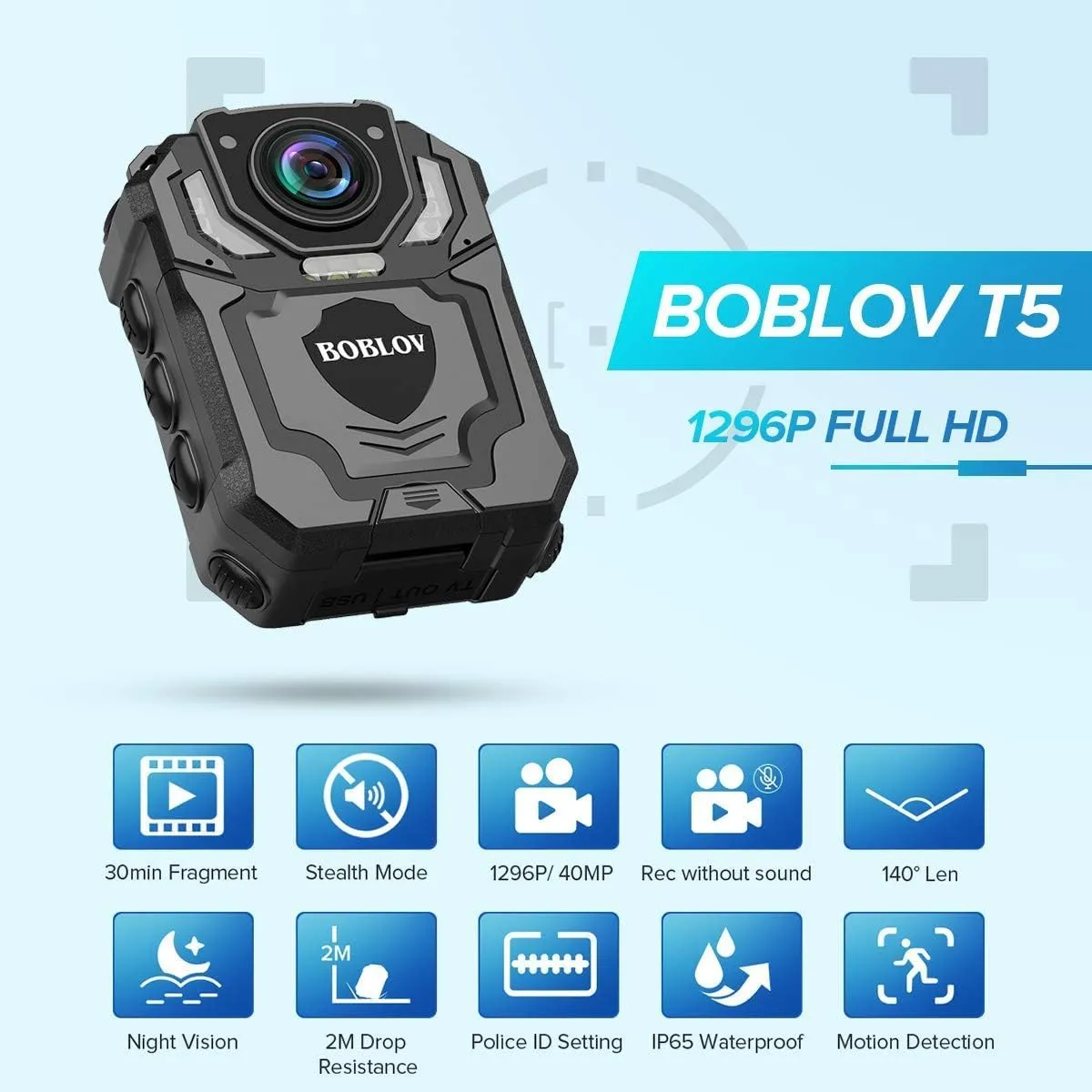 BOBLOV T5 256GB 1440P Body Camera with Video and Audio, 2 * 1800mAh Batteies with Dock, Wearable Police Body Cameras for Law Enforcement, Night Vision, Compact and Lightweight (256GB)