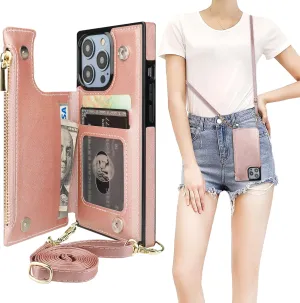 Bocasal Crossbody Wallet Case for iPhone 14 Pro with RFID Blocking Card Slot Holder, Magnetic Flip Folio Purse Case, PU Leather Zipper Handbag with Detachable Lanyard Strap 6.1 Inch 5G (Rose Gold)