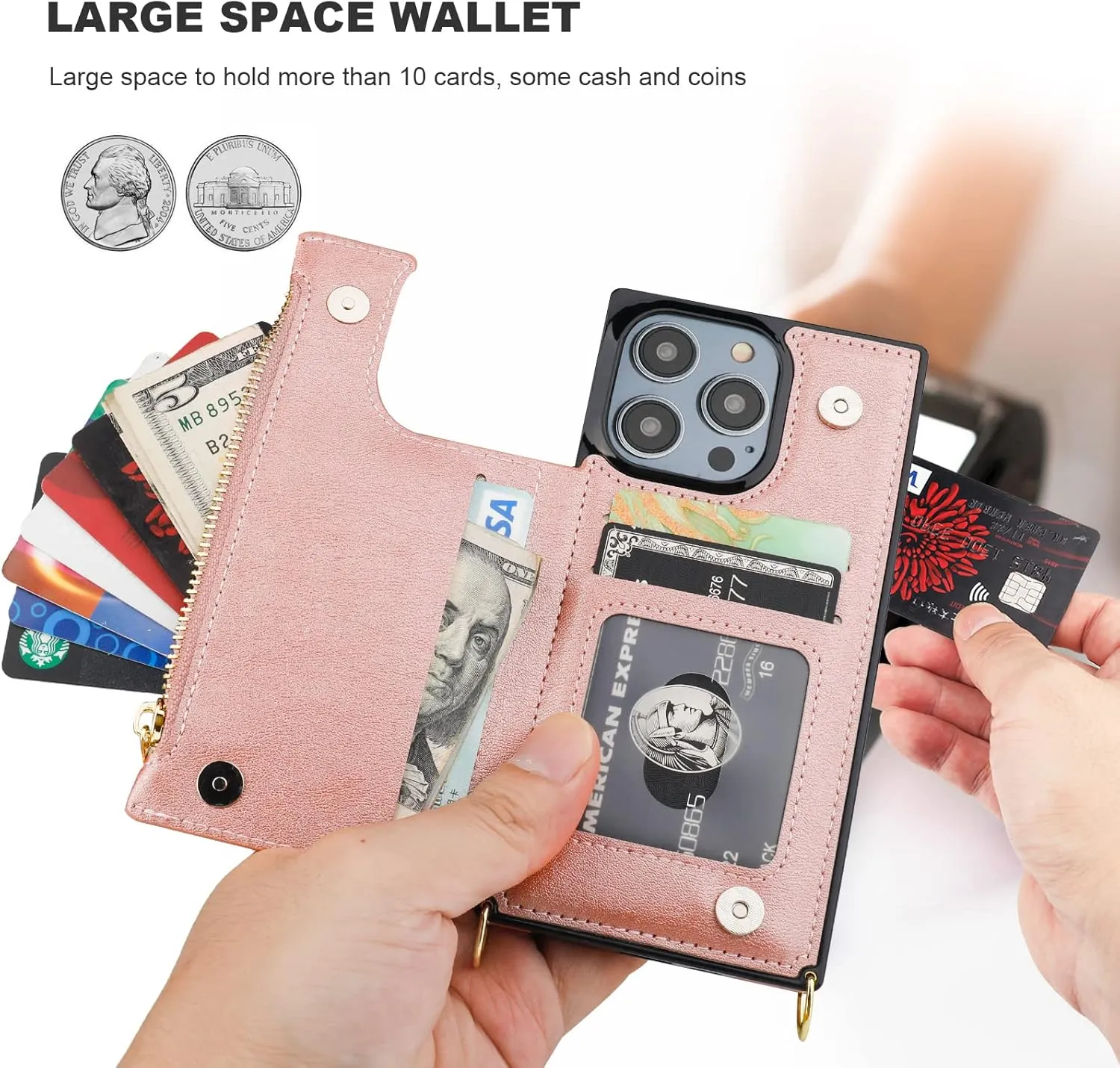 Bocasal Crossbody Wallet Case for iPhone 14 Pro with RFID Blocking Card Slot Holder, Magnetic Flip Folio Purse Case, PU Leather Zipper Handbag with Detachable Lanyard Strap 6.1 Inch 5G (Rose Gold)