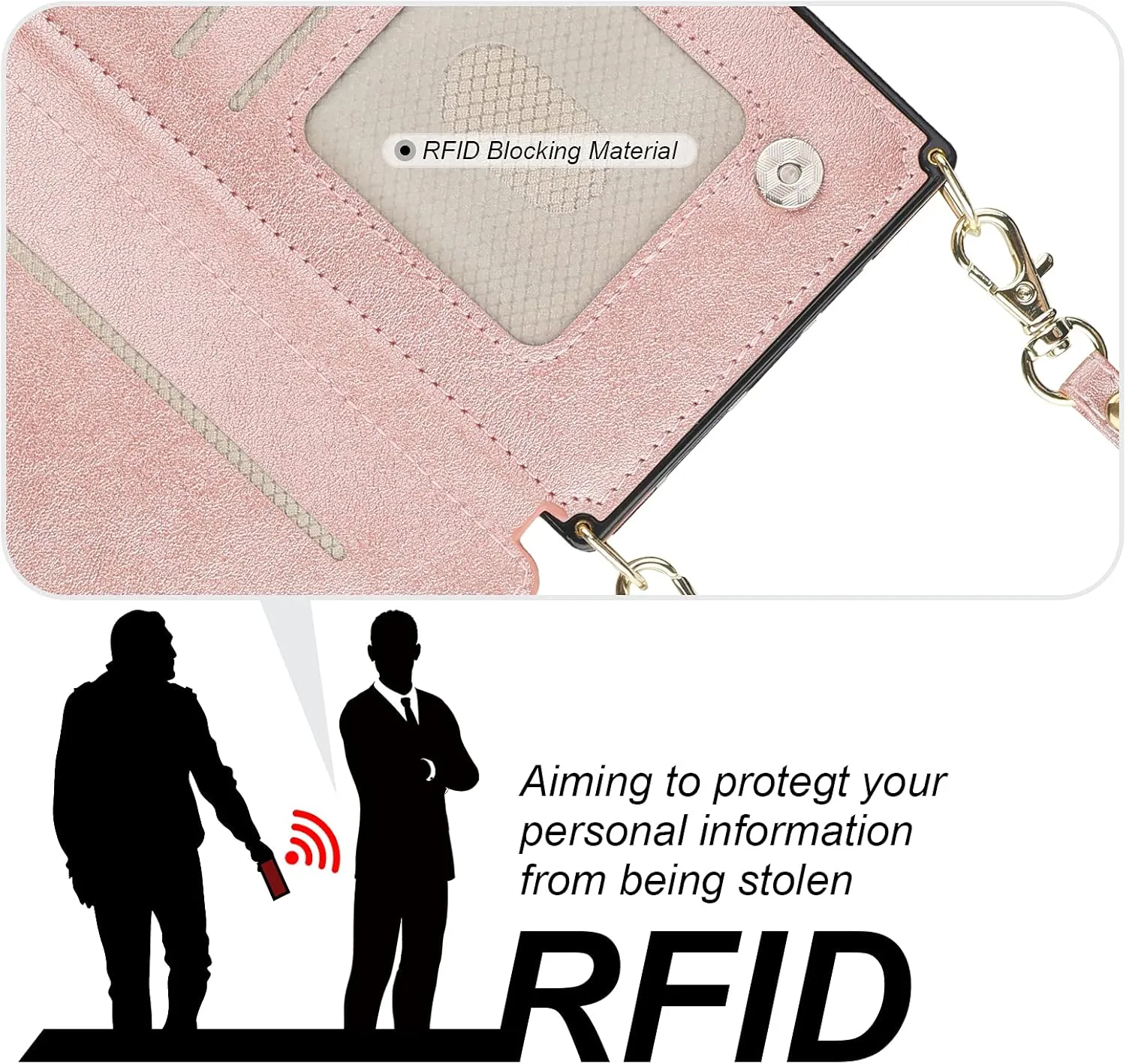 Bocasal Crossbody Wallet Case for iPhone 14 Pro with RFID Blocking Card Slot Holder, Magnetic Flip Folio Purse Case, PU Leather Zipper Handbag with Detachable Lanyard Strap 6.1 Inch 5G (Rose Gold)