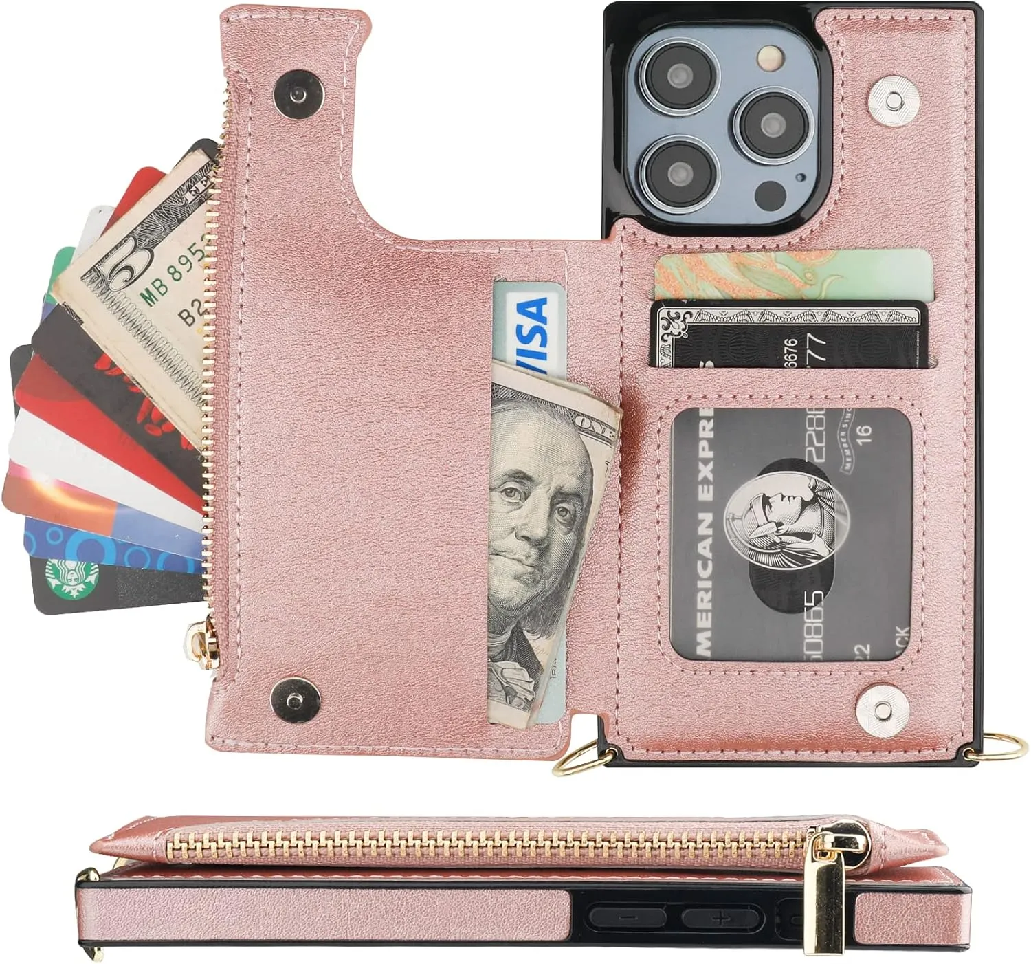 Bocasal Crossbody Wallet Case for iPhone 14 Pro with RFID Blocking Card Slot Holder, Magnetic Flip Folio Purse Case, PU Leather Zipper Handbag with Detachable Lanyard Strap 6.1 Inch 5G (Rose Gold)