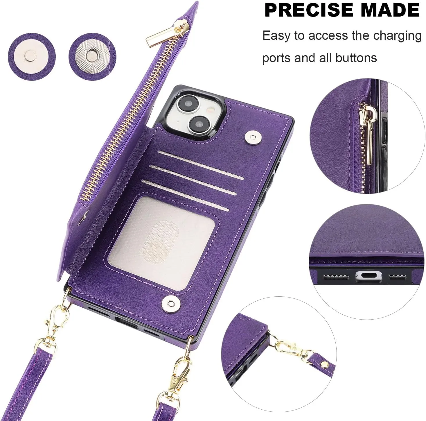 Bocasal Crossbody Wallet Case for iPhone 15 Plus with RFID Blocking Card Slot Holder, Magnetic Flip Folio Purse Case, PU Leather Zipper Handbag with Detachable Lanyard Strap 6.7 Inch 5G (Purple)