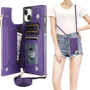 Bocasal Crossbody Wallet Case for iPhone 15 Plus with RFID Blocking Card Slot Holder, Magnetic Flip Folio Purse Case, PU Leather Zipper Handbag with Detachable Lanyard Strap 6.7 Inch 5G (Purple)