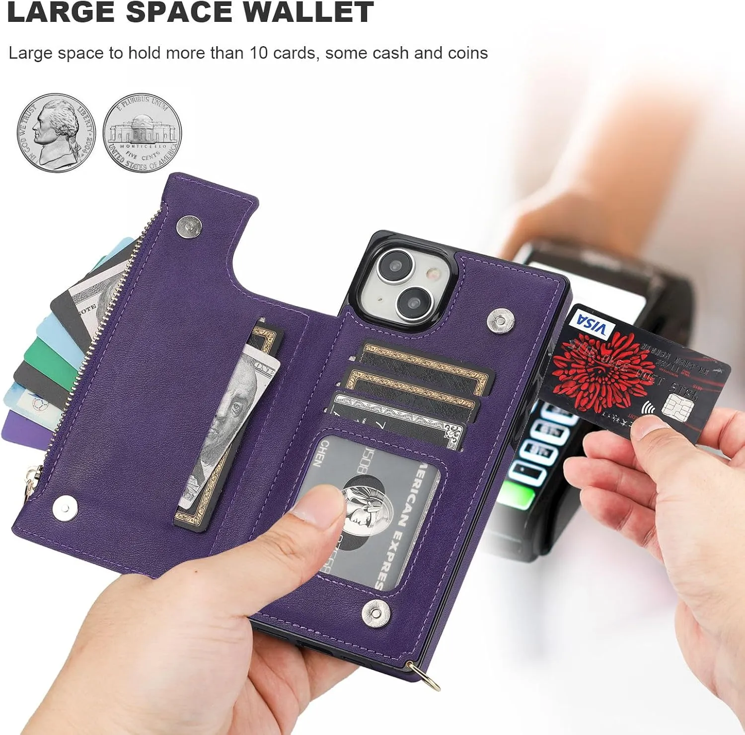 Bocasal Crossbody Wallet Case for iPhone 15 Plus with RFID Blocking Card Slot Holder, Magnetic Flip Folio Purse Case, PU Leather Zipper Handbag with Detachable Lanyard Strap 6.7 Inch 5G (Purple)