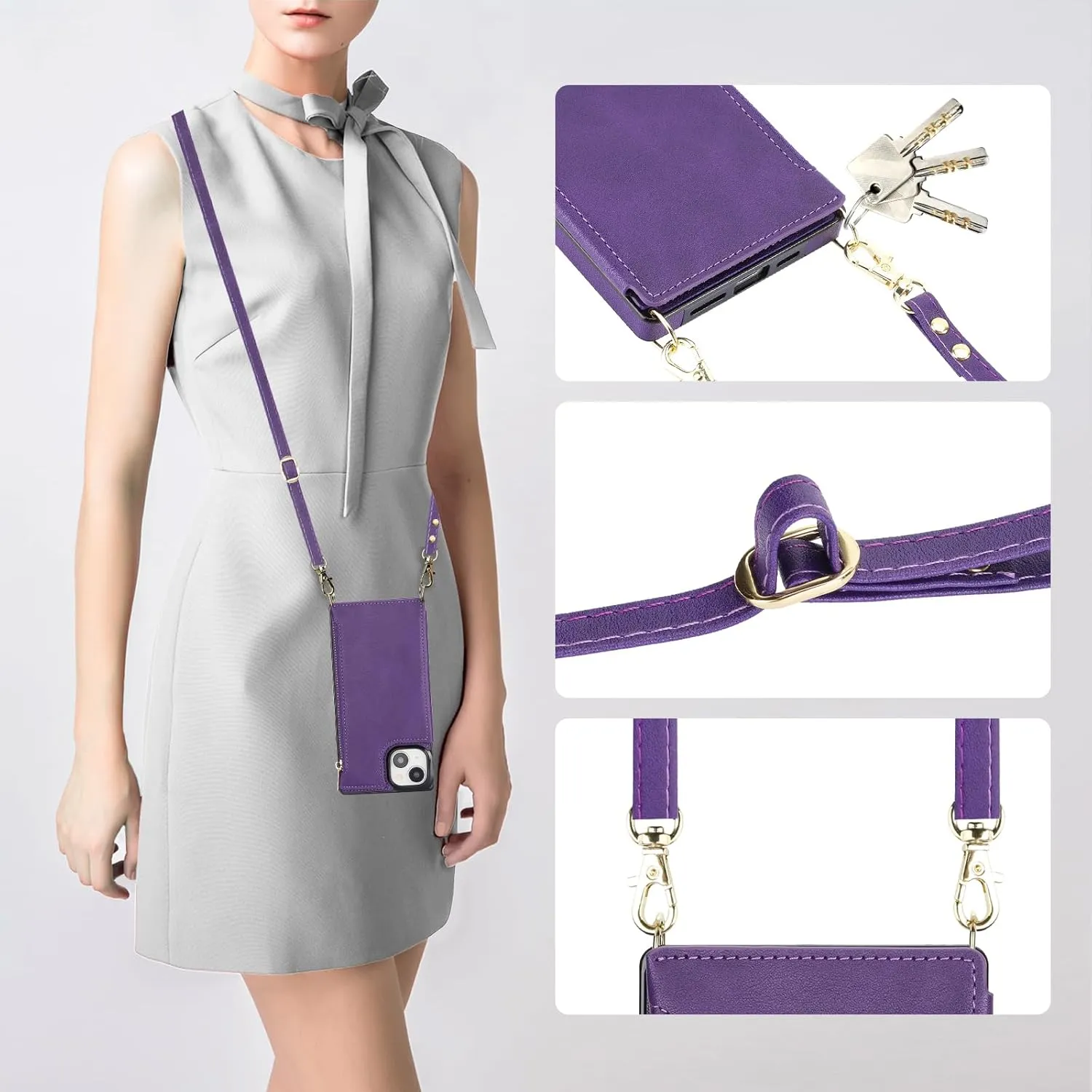 Bocasal Crossbody Wallet Case for iPhone 15 Plus with RFID Blocking Card Slot Holder, Magnetic Flip Folio Purse Case, PU Leather Zipper Handbag with Detachable Lanyard Strap 6.7 Inch 5G (Purple)