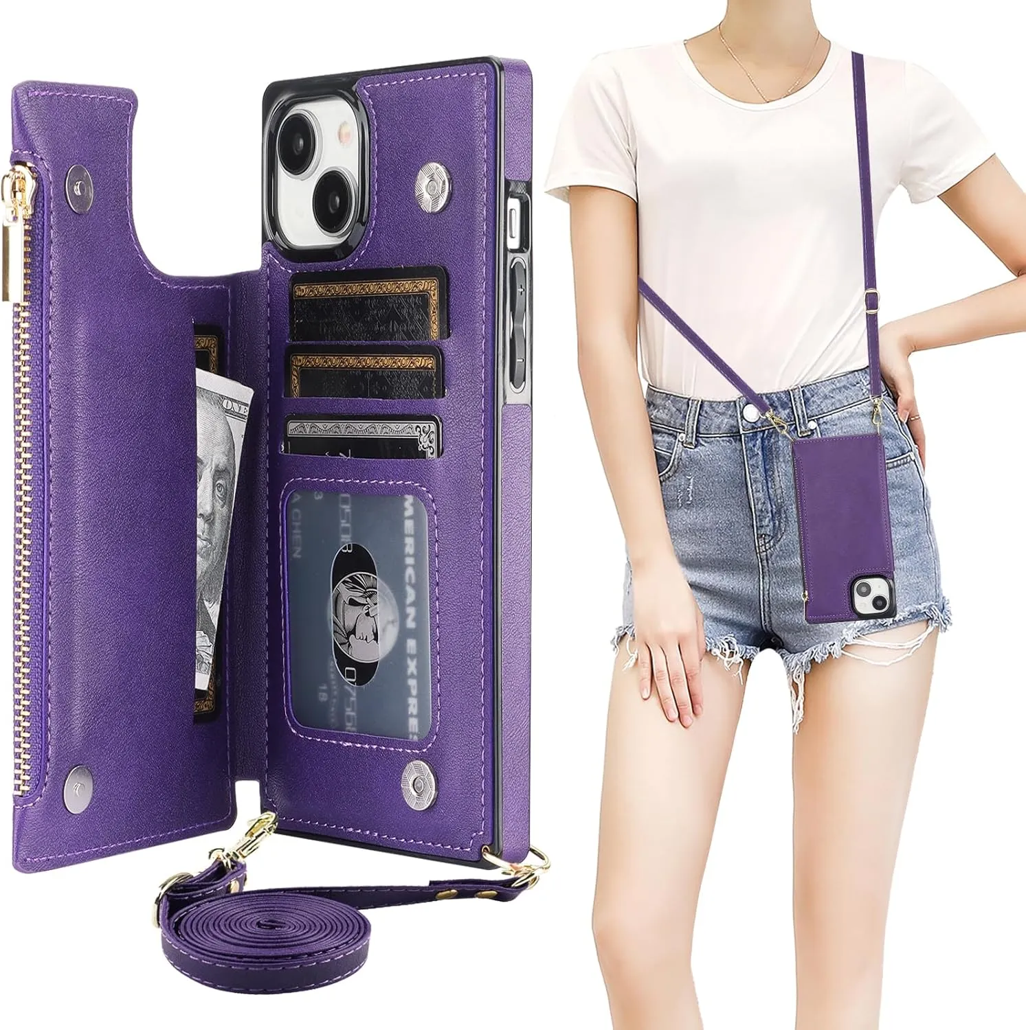 Bocasal Crossbody Wallet Case for iPhone 15 Plus with RFID Blocking Card Slot Holder, Magnetic Flip Folio Purse Case, PU Leather Zipper Handbag with Detachable Lanyard Strap 6.7 Inch 5G (Purple)
