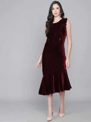 Bodycon Party Dress for Women Sleeveless | Shiny Velvet Fabric Fish Cut Ruffle Bottom Detailing Stylish Casual Outfit