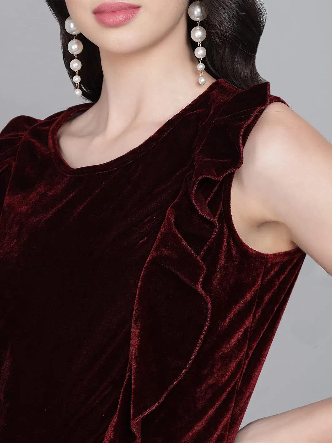 Bodycon Party Dress for Women Sleeveless | Shiny Velvet Fabric Fish Cut Ruffle Bottom Detailing Stylish Casual Outfit