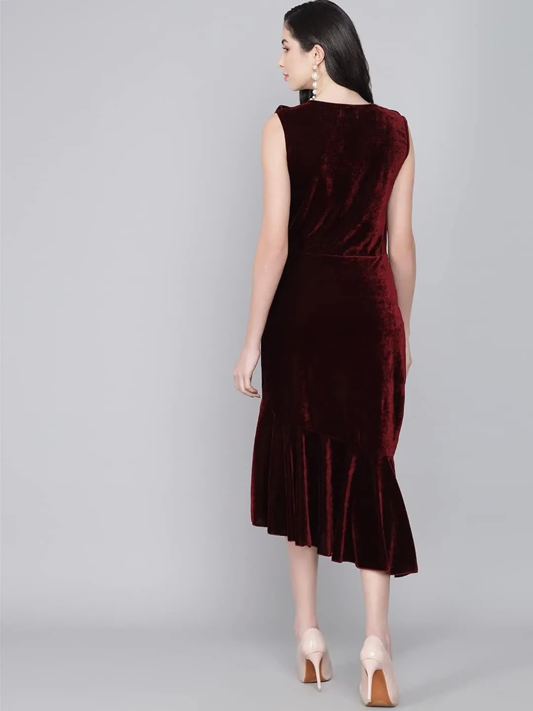 Bodycon Party Dress for Women Sleeveless | Shiny Velvet Fabric Fish Cut Ruffle Bottom Detailing Stylish Casual Outfit