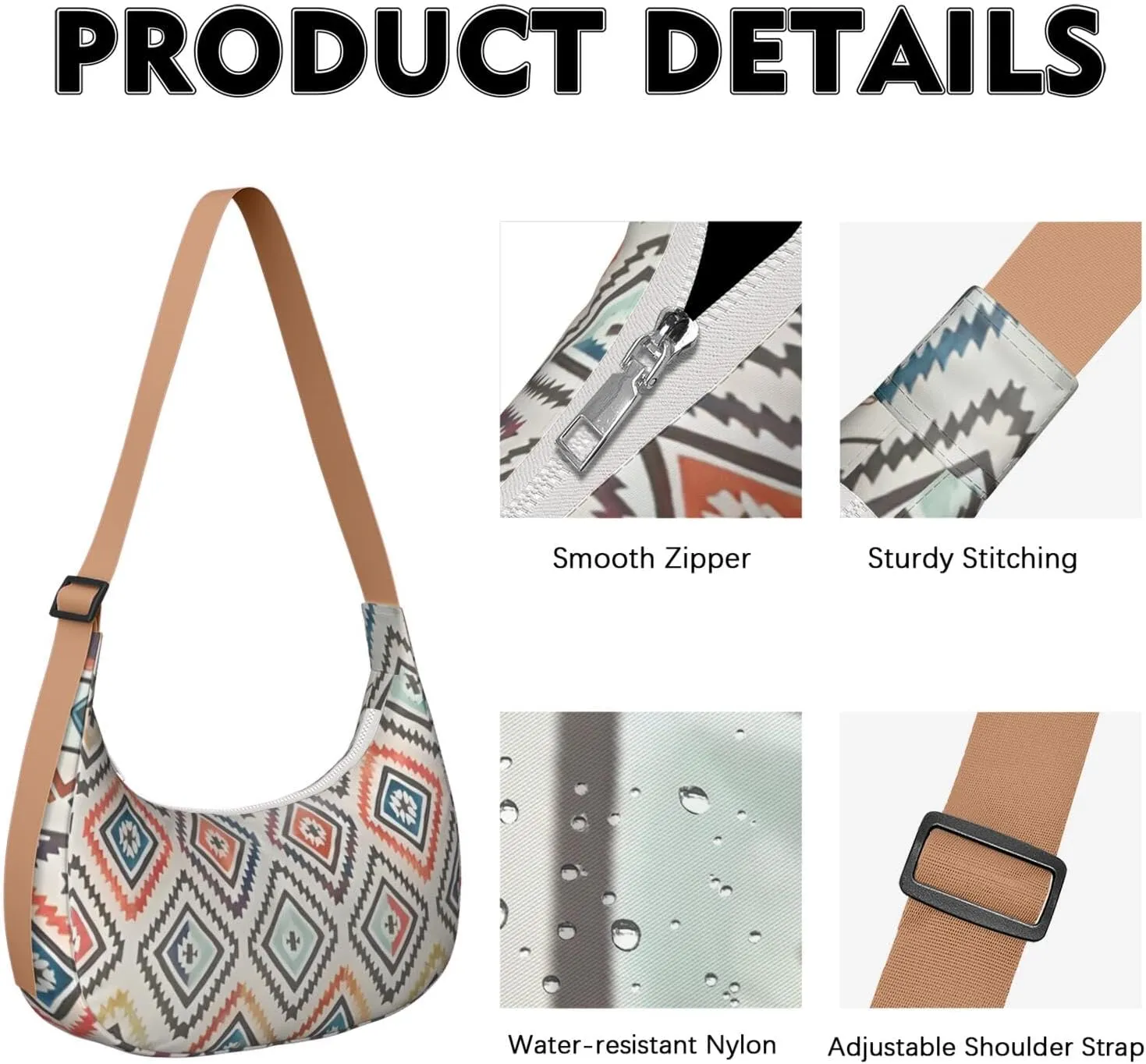 Bohemian Vintage Sling Crossbody Bag for Women Crescent Bag with Adjustable Strap Waterproof Nylon Shoulder Bag for Daily