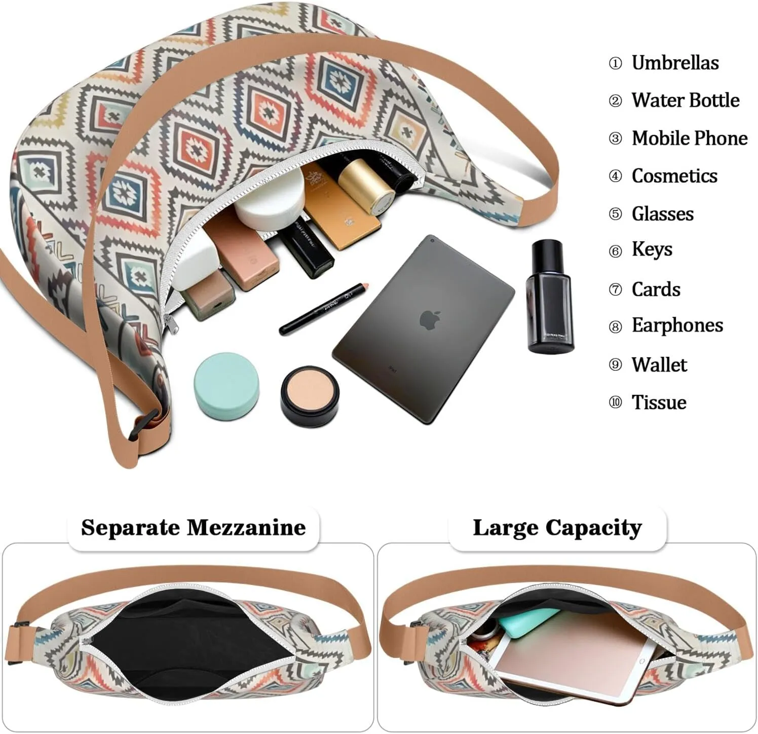 Bohemian Vintage Sling Crossbody Bag for Women Crescent Bag with Adjustable Strap Waterproof Nylon Shoulder Bag for Daily