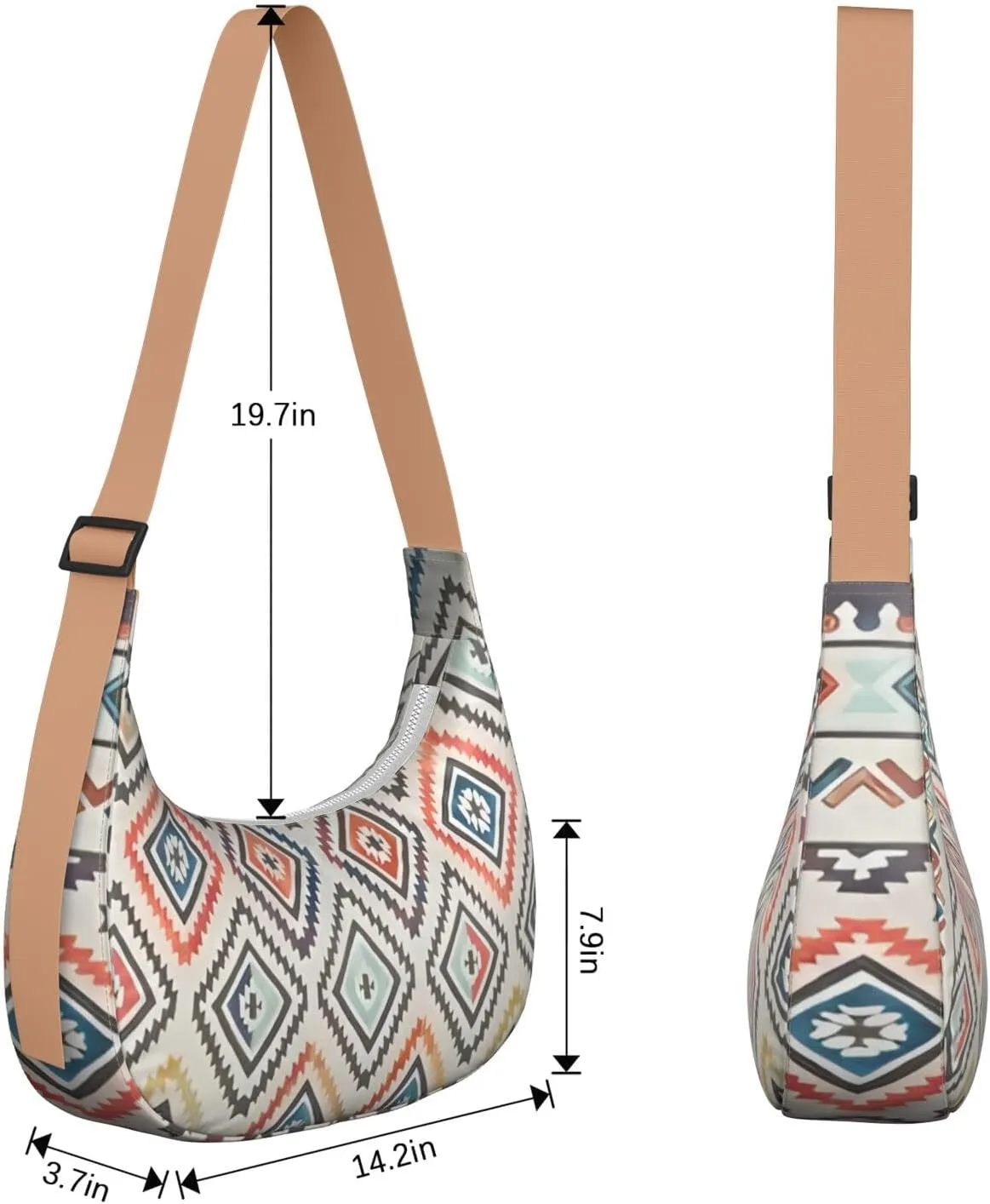 Bohemian Vintage Sling Crossbody Bag for Women Crescent Bag with Adjustable Strap Waterproof Nylon Shoulder Bag for Daily