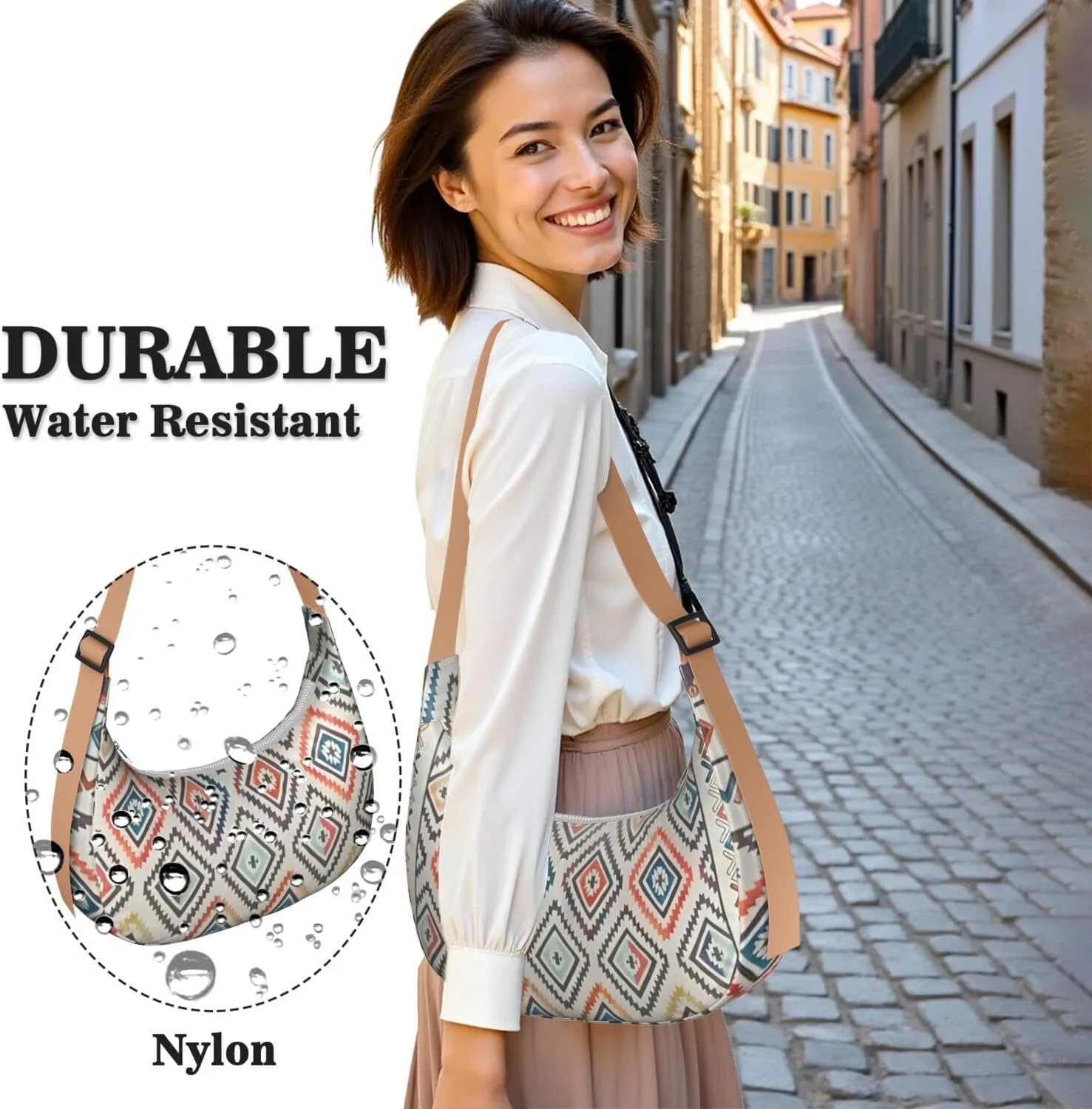 Bohemian Vintage Sling Crossbody Bag for Women Crescent Bag with Adjustable Strap Waterproof Nylon Shoulder Bag for Daily