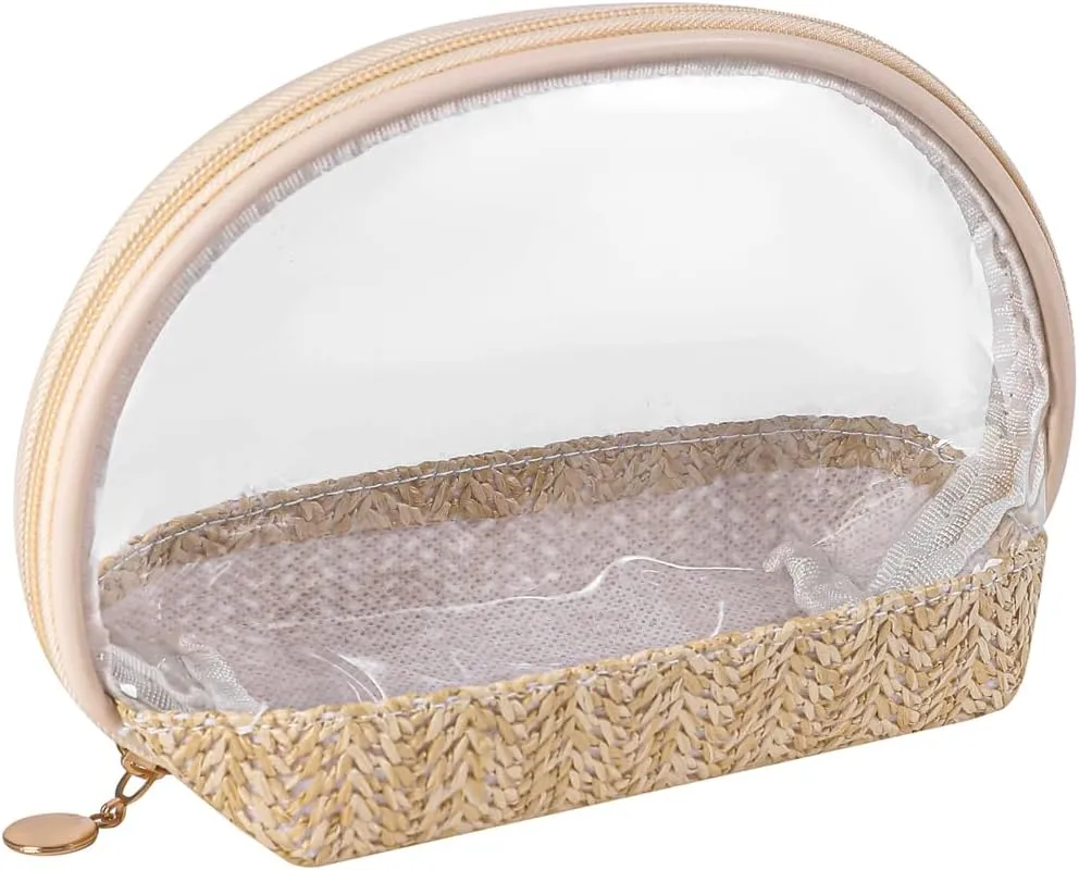 Boho Large Clear PVC Waterproof Makeup Bag with handle, Transparent Zipper Cosmetic Bag for Travel, Beach Bag for Sun screen Skincare (04Small size-Beige)