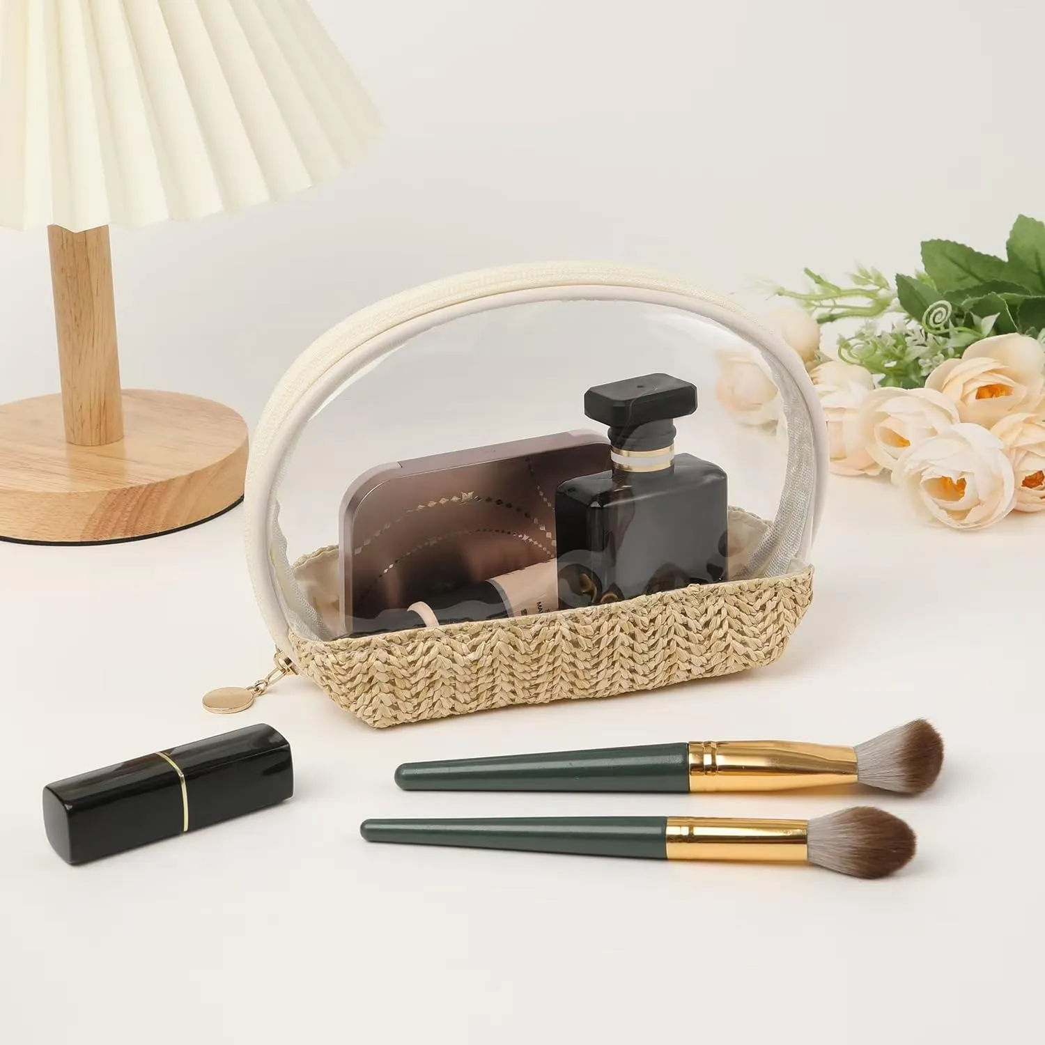 Boho Large Clear PVC Waterproof Makeup Bag with handle, Transparent Zipper Cosmetic Bag for Travel, Beach Bag for Sun screen Skincare (04Small size-Beige)
