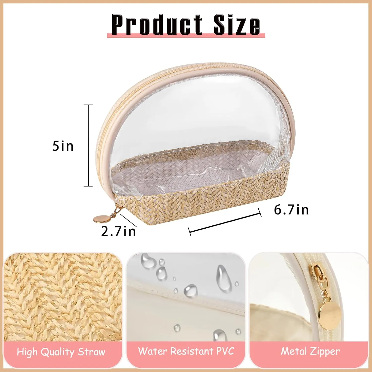 Boho Large Clear PVC Waterproof Makeup Bag with handle, Transparent Zipper Cosmetic Bag for Travel, Beach Bag for Sun screen Skincare (04Small size-Beige)