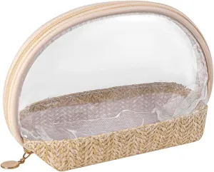 Boho Large Clear PVC Waterproof Makeup Bag with handle, Transparent Zipper Cosmetic Bag for Travel, Beach Bag for Sun screen Skincare (04Small size-Beige)