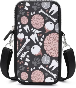 Bone Teeth Eye Footprint Brain Print Women Crossbody Phone Purse Adjustable Strap Cell Phone Shoulder Bag Small Belt Bag