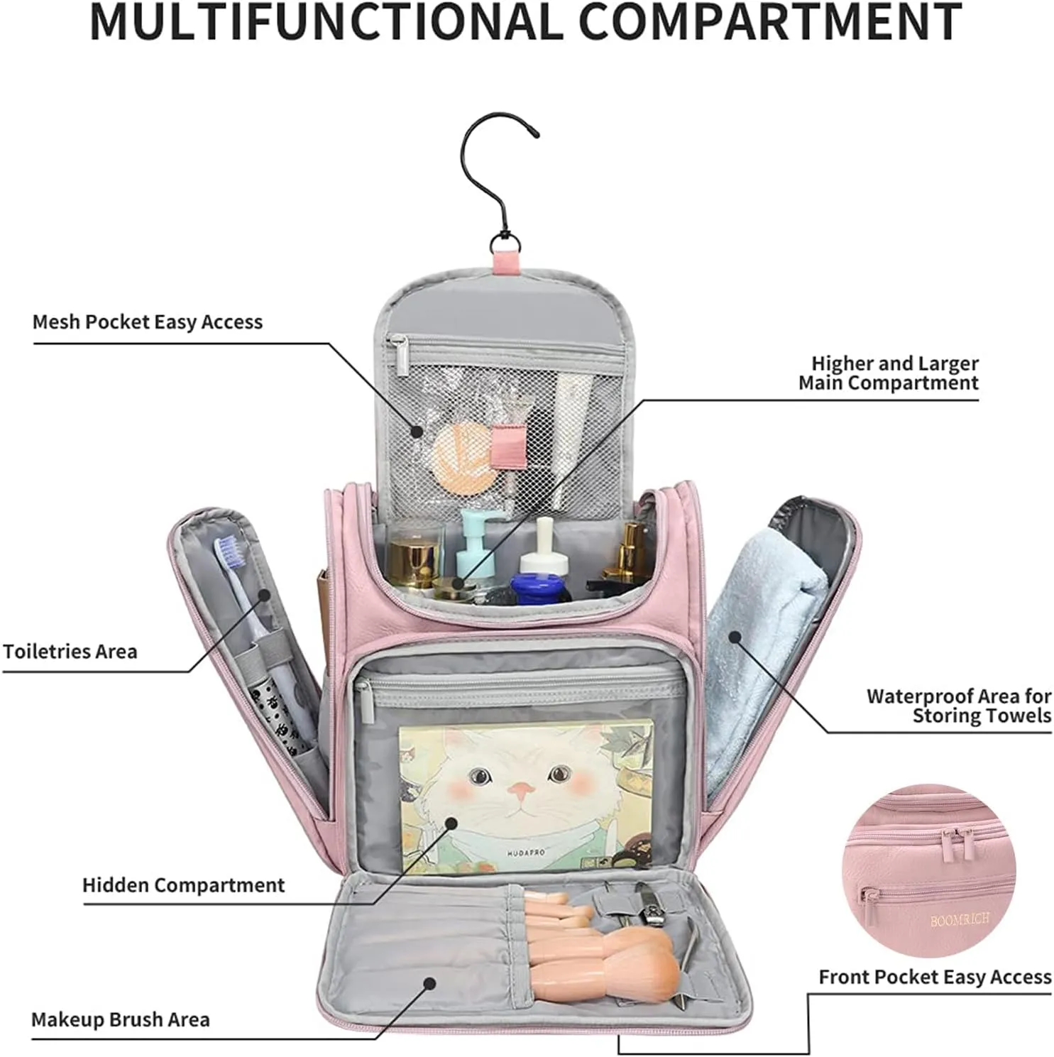 BOOMRICH Large Toiletry Bag for Women, Hanging Leather Travel Makeup Bag with 360° Hook and Shoulder Strap, Travel Organizer for Full Sized Container, Toiletries, Brushes (Pink)