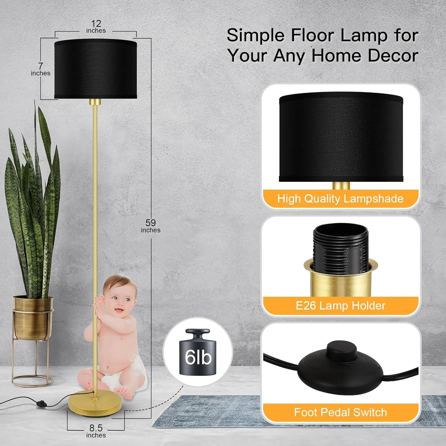 BoostArea Gold Floor Lamp Standing Lamp, 9W LED Floor Lamps w/ 3 Color Temperatures, Simple Tall Lamp w/ Linen Lampshade, On/Off Footswitch, Pole Lamps for Living Room, Bedroom, Office, Black (B1138)
