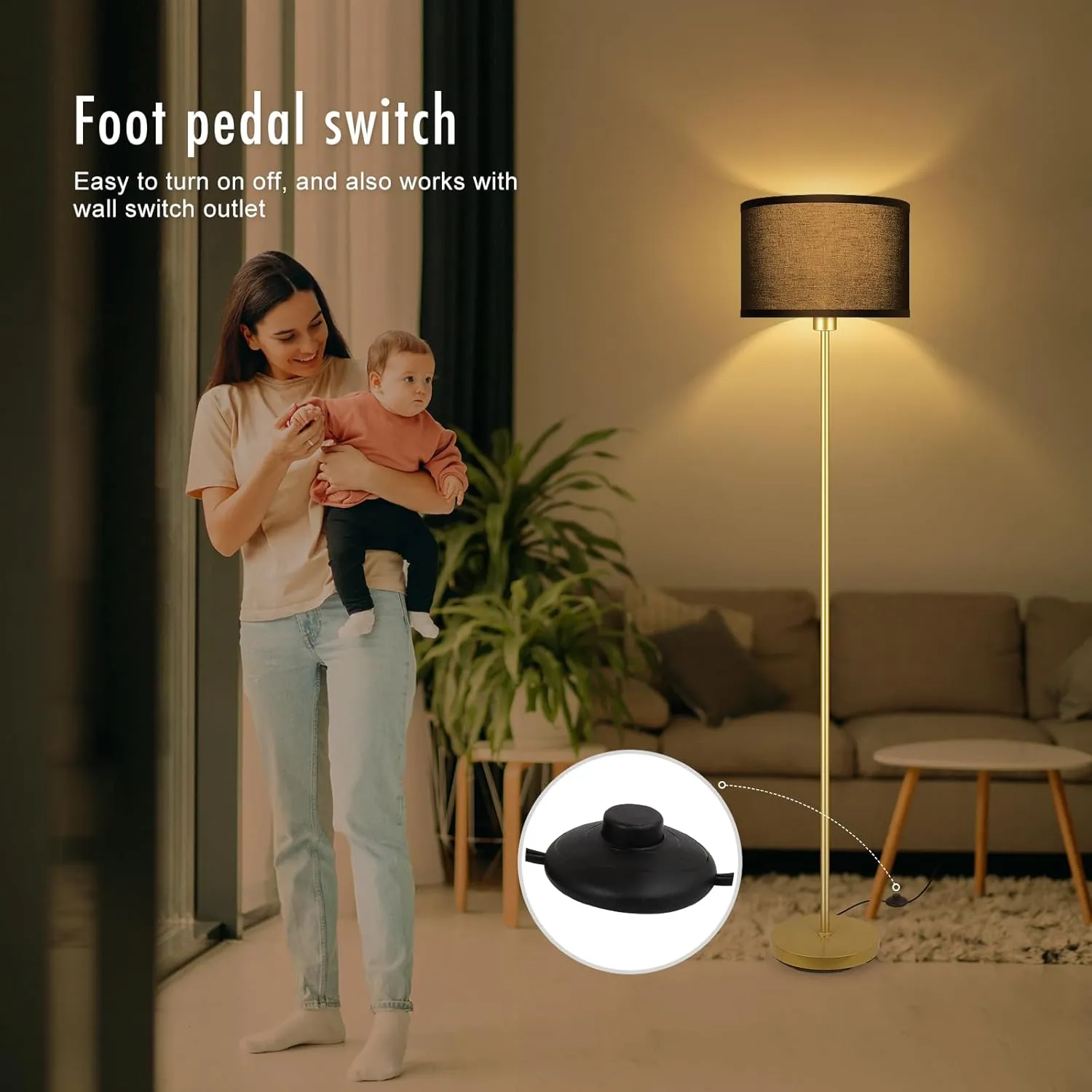 BoostArea Gold Floor Lamp Standing Lamp, 9W LED Floor Lamps w/ 3 Color Temperatures, Simple Tall Lamp w/ Linen Lampshade, On/Off Footswitch, Pole Lamps for Living Room, Bedroom, Office, Black (B1138)