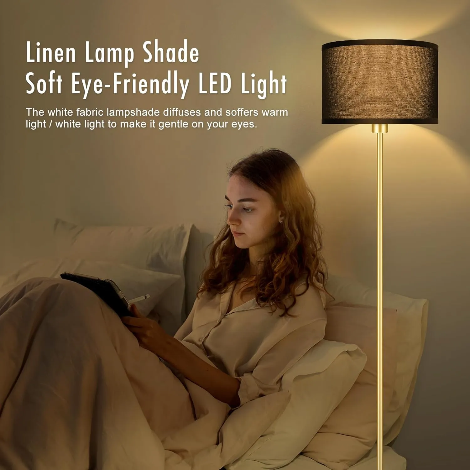 BoostArea Gold Floor Lamp Standing Lamp, 9W LED Floor Lamps w/ 3 Color Temperatures, Simple Tall Lamp w/ Linen Lampshade, On/Off Footswitch, Pole Lamps for Living Room, Bedroom, Office, Black (B1138)