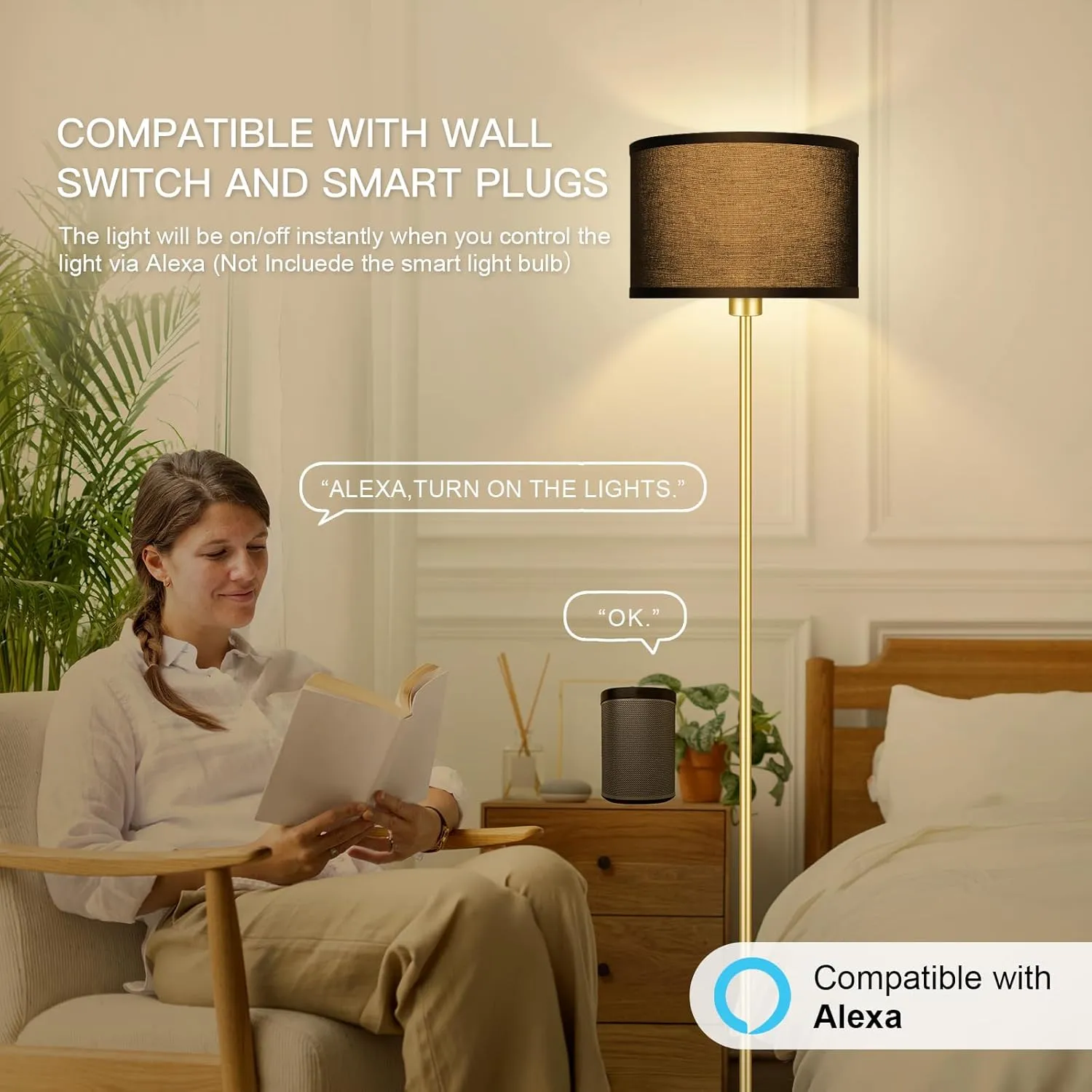 BoostArea Gold Floor Lamp Standing Lamp, 9W LED Floor Lamps w/ 3 Color Temperatures, Simple Tall Lamp w/ Linen Lampshade, On/Off Footswitch, Pole Lamps for Living Room, Bedroom, Office, Black (B1138)