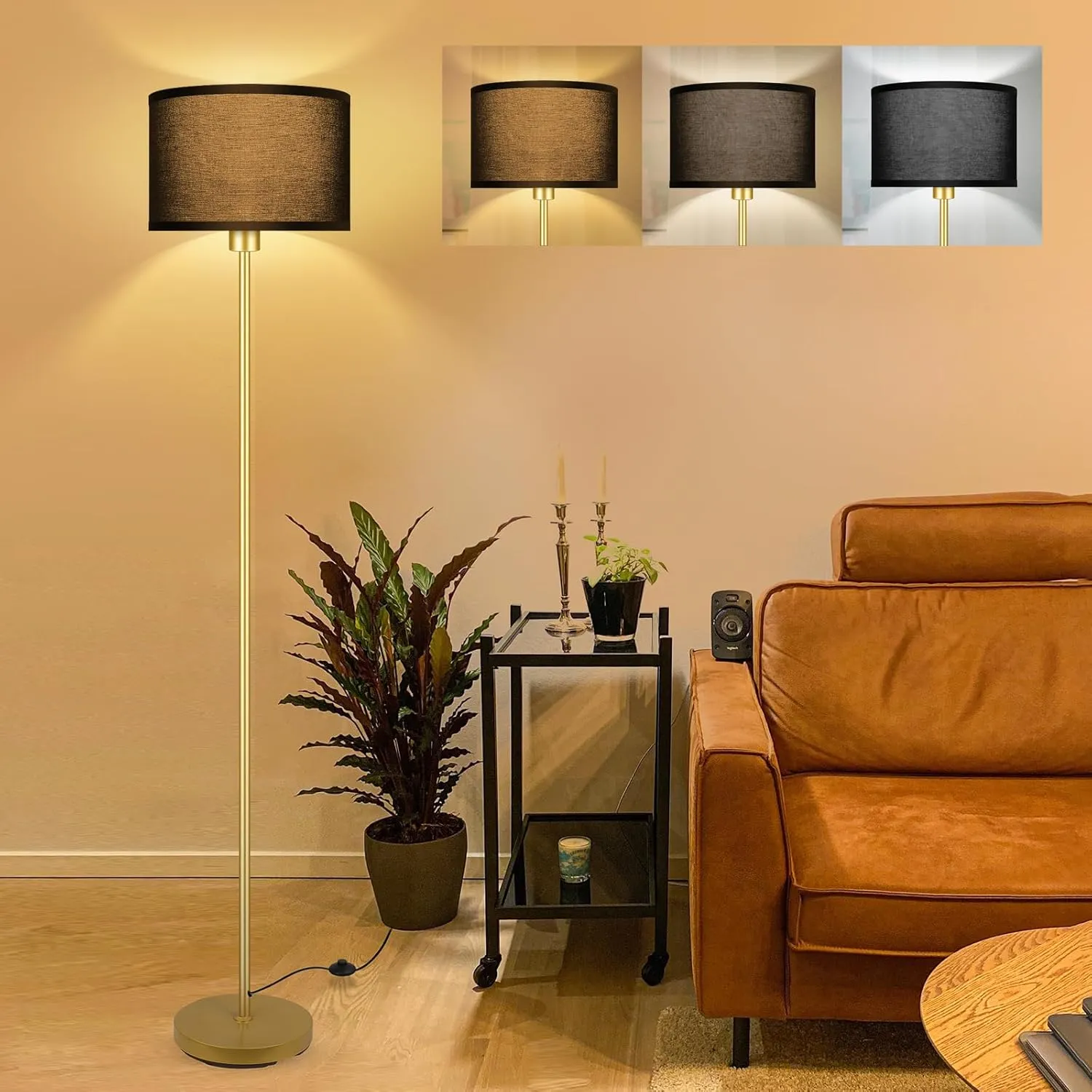 BoostArea Gold Floor Lamp Standing Lamp, 9W LED Floor Lamps w/ 3 Color Temperatures, Simple Tall Lamp w/ Linen Lampshade, On/Off Footswitch, Pole Lamps for Living Room, Bedroom, Office, Black (B1138)