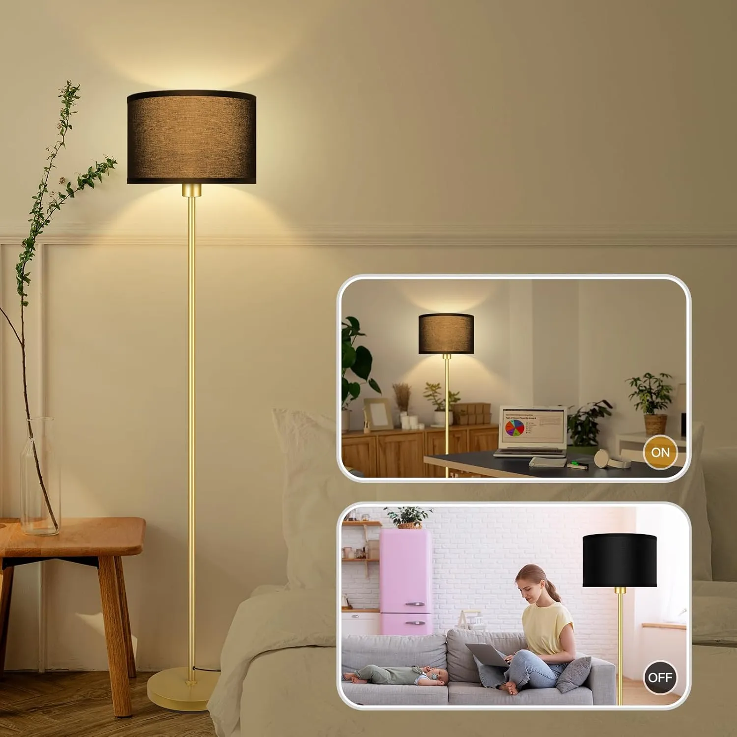 BoostArea Gold Floor Lamp Standing Lamp, 9W LED Floor Lamps w/ 3 Color Temperatures, Simple Tall Lamp w/ Linen Lampshade, On/Off Footswitch, Pole Lamps for Living Room, Bedroom, Office, Black (B1138)