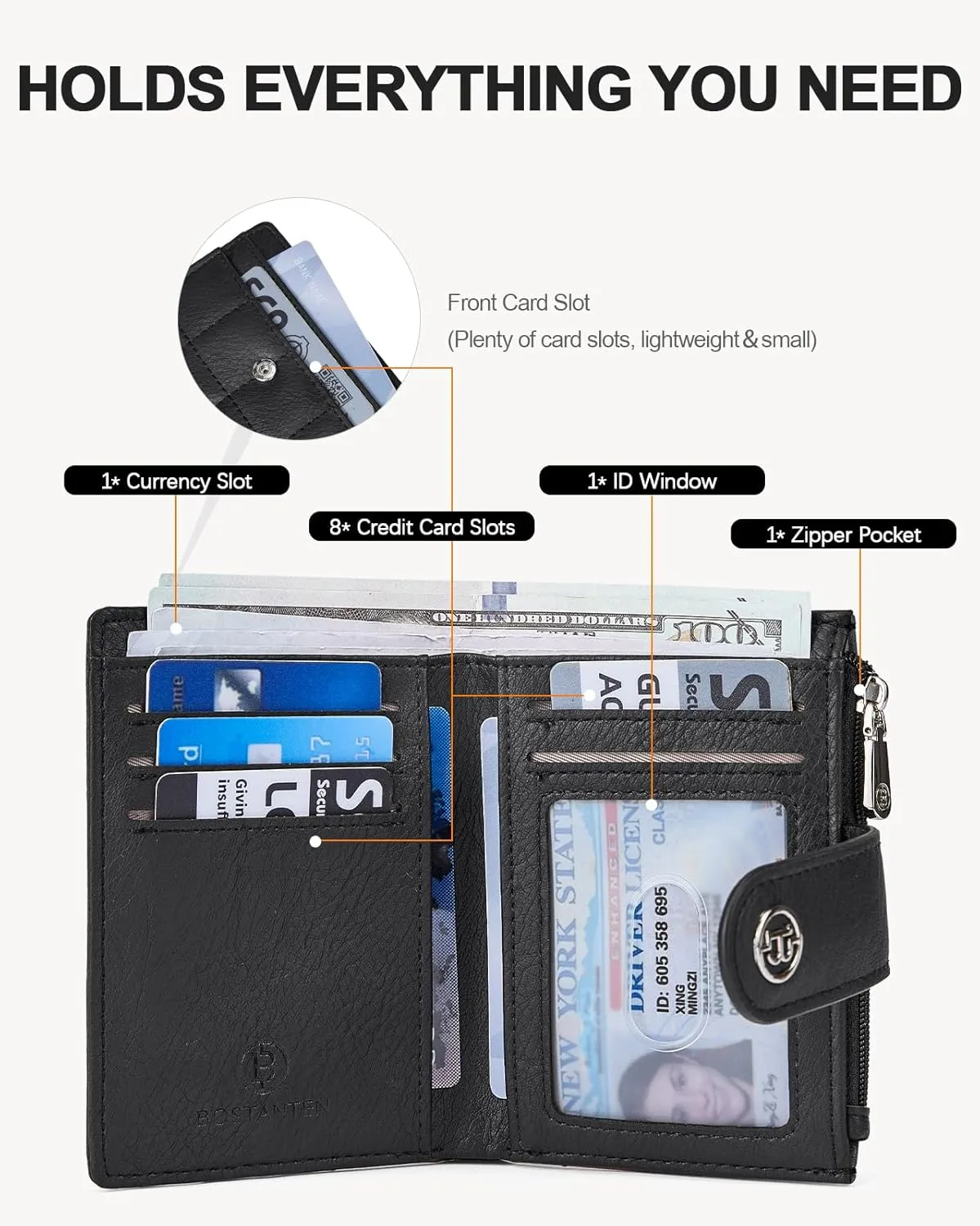 BOSTANTEN Small Wallet for Women Leather RFID Blocking Card Holder Bifold Compact Wallets With Zipper Coin Pocket Black