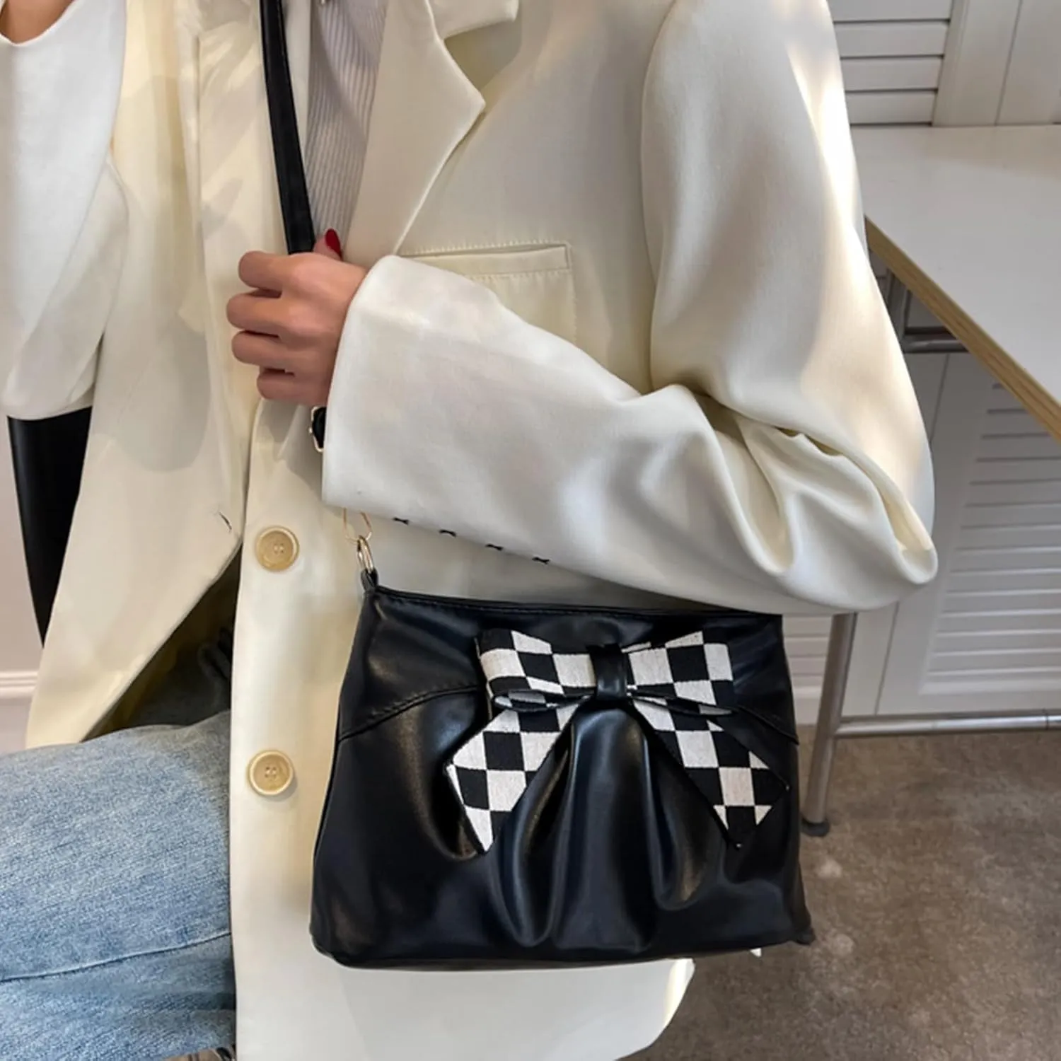 Bow Clutch Evening Handbag Purse for Women Bridal Soft Leather Ruched Crossbody Bags Shoulder Bag