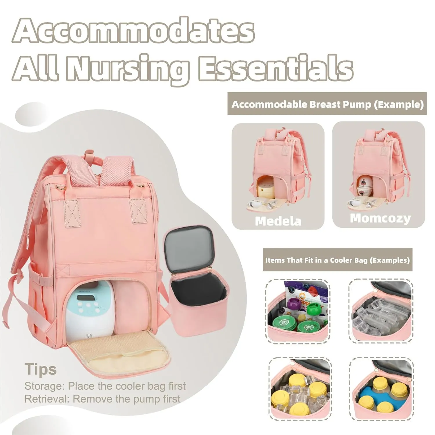 Breast Pump Backpack & Diaper Bag with Cooler, Fits Spectra S1 S2 Medela, Pumping Bag for Work, Fits 15.6" Laptop, 15 Pockets, Reinforced Zippers, Pacifier Case, Stroller Straps, Pink