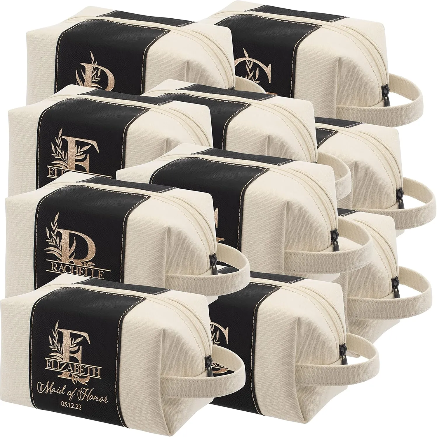 Bridesmaid Gifts Set of 10, Personalized Toiletry Bag for Women, 3 Designs & 4 Colors, Custom w/Name, Title, Date, Bridesmaid Proposal Gifts, Bridal Shower Gift, Bachalorette Party Favors, D3 - BLACK