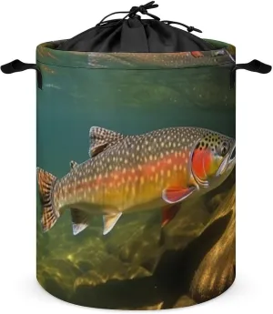 Brook Trout Fly Fishing Laundry Bag Round Laundry Basket Collapsible Hamper with Handles Drawstring Closure Waterproof Storage Basket Dirty Clothes Organizer for Bedroom Bathroom Dorm 17" X 17"