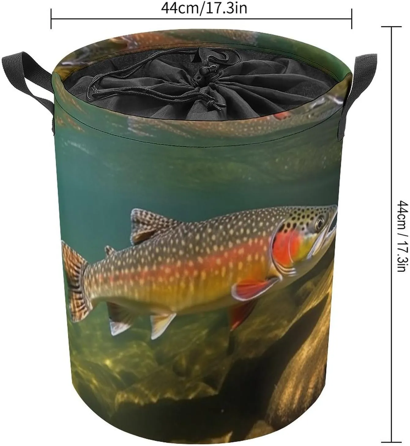 Brook Trout Fly Fishing Laundry Bag Round Laundry Basket Collapsible Hamper with Handles Drawstring Closure Waterproof Storage Basket Dirty Clothes Organizer for Bedroom Bathroom Dorm 17" X 17"