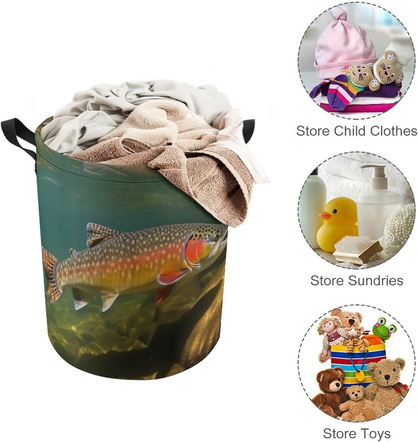 Brook Trout Fly Fishing Laundry Bag Round Laundry Basket Collapsible Hamper with Handles Drawstring Closure Waterproof Storage Basket Dirty Clothes Organizer for Bedroom Bathroom Dorm 17" X 17"