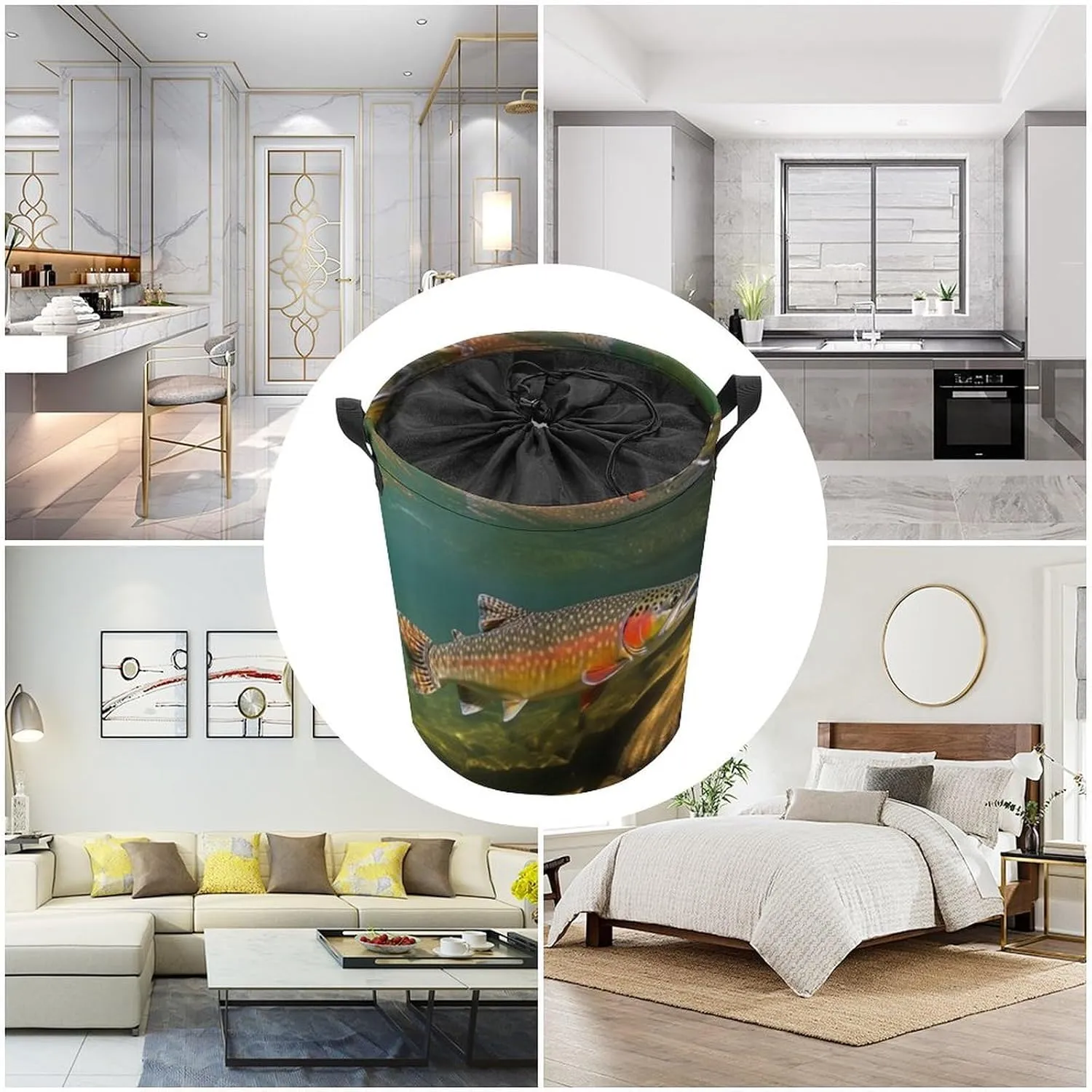 Brook Trout Fly Fishing Laundry Bag Round Laundry Basket Collapsible Hamper with Handles Drawstring Closure Waterproof Storage Basket Dirty Clothes Organizer for Bedroom Bathroom Dorm 17" X 17"