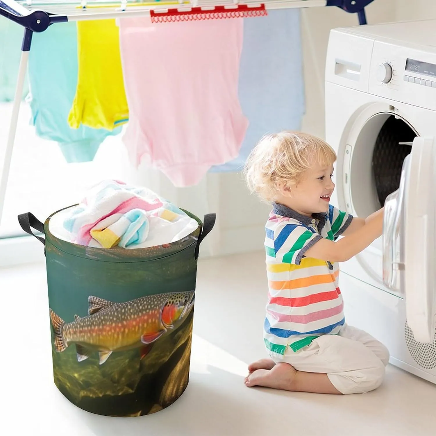 Brook Trout Fly Fishing Laundry Bag Round Laundry Basket Collapsible Hamper with Handles Drawstring Closure Waterproof Storage Basket Dirty Clothes Organizer for Bedroom Bathroom Dorm 17" X 17"